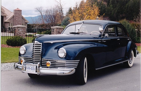 1947 Packard Super Clipper (Model 2172) finished in the original Coral Blue Metallic paint. Originally purchased by Brewsters Tour Company in Banff, Alberta, used to transport tourists from the train stations and planes in Calgary to Banff.